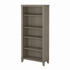 a bookcase with three shelves on each side and one door open to reveal the bottom shelf