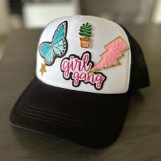 Super Cute Handmade Hat. 4 Patches And A Plant Pin. Whimsical White Cap Hats, Cute Black Baseball Cap, Playful White Trucker Hat For Spring, Casual White Brimmed Snapback Hat, Cute Adjustable Black Baseball Cap, Playful White Baseball Cap For Spring, Fun White Brimmed Mini Hats, Trendy White Snapback Hat, Trendy White Adjustable Snapback Hat