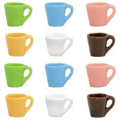 six different colored coffee cups are lined up