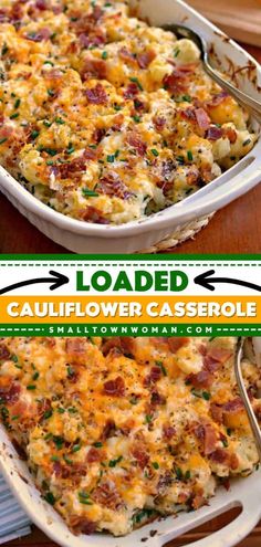 loaded cauliflower casserole with bacon and parsley in a white dish