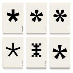 six black and white squares with different symbols on them, all arranged in the same pattern