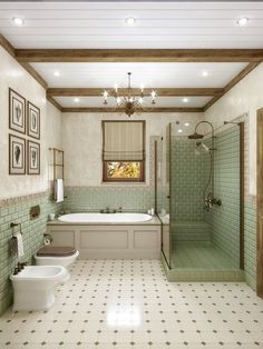 a bathroom with green tile and white fixtures