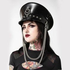 KILLSTAR Retrograde Chain Cap | BOUDOIR NOIR Control Yourself, Gothic Shop, Peaked Cap, Black Cap, Dog Hoodie, Grunge Style, St Kitts And Nevis, Brim Hat, Metal Hardware