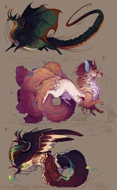 three different types of dragon like creatures with wings and tail tails, one is brown and the other is green