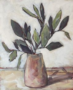 a painting of a vase with leaves in it