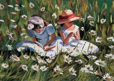 two children are sitting in the grass with flowers on their knees and one is reading a book