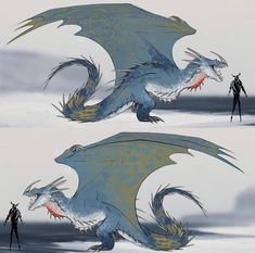 two pictures of people standing in front of a blue dragon with red eyes and sharp teeth