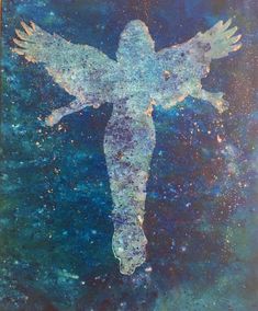 a painting of an angel with its wings spread out in the air, surrounded by stars