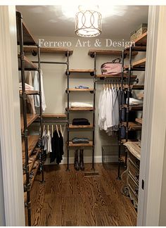 an open closet with clothes and shoes on shelves