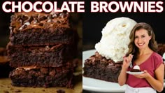 a woman holding a plate with chocolate brownies and ice cream on top of it