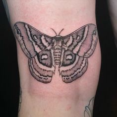 a moth tattoo is shown on the leg and it's wings are spread out