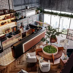 an aerial view of a restaurant with tables, chairs and potted plants on the counter