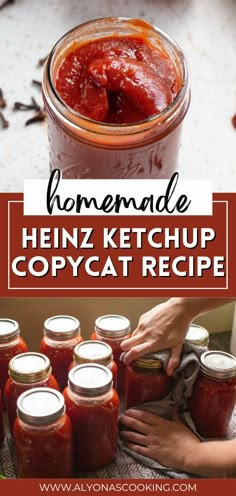 homemade heinzz ketchup copycat recipe in a mason jar with text overlay