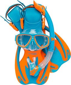 an orange and blue scuba mask with goggles, snorkels and flippers