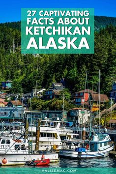 boats are docked in the water with mountains in the background and text that reads, 27 captivating fact about ketchikan alaska