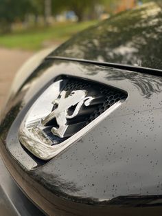 the front end of a black car with a horse emblem on it's grille