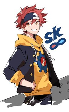 an anime character with red hair wearing a yellow jacket and black pants, standing next to a