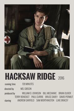 a man sitting on top of a chair in front of a white sign that says hacksaw ridge