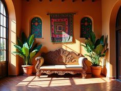 an orange room with two potted plants and a bench in the center, on tile flooring