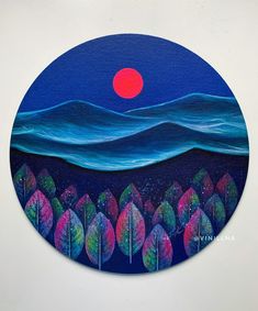 a painting of trees and water with a red sun in the background