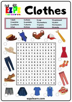 a crossword puzzle with clothes and shoes for kids to learn how to wear them