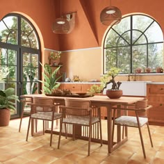 a dining room table with chairs and potted plants in front of large arched windows