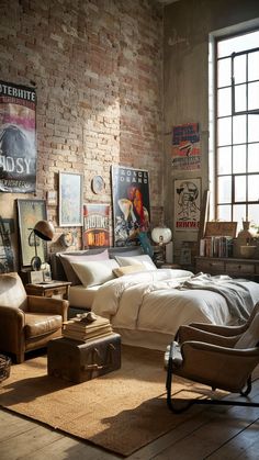 a bedroom with brick walls and lots of pictures on the wall