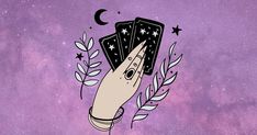 a hand holding playing cards in front of a purple background with stars and leaves on it