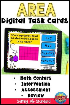 a tablet with the words area and numbers on it