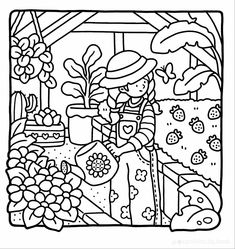 a black and white drawing of a woman in the garden with flowers, plants and other things