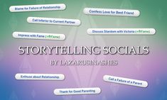 the words story telling socials by yazrusnash's on a green and purple background