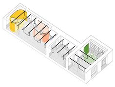 an aerial view of the interior of a building with multiple levels and different colored sections