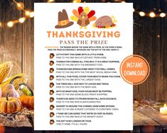 a thanksgiving pass the prize poster with pumpkins and cornucts in front of it