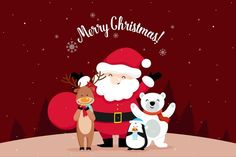 christmas card with santa claus, polar bear and penguin