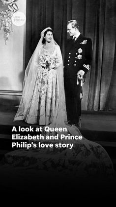 a man and woman standing next to each other in front of a curtain with the caption, a look at queen elizabeth and prince philip's love story