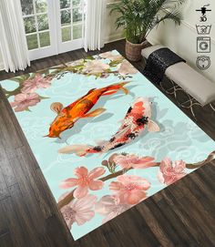 an area rug with two koi fish and flowers on it in front of a window