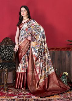 Introducing Pratibha Silk Collection Fabric Details: Saree: Experience the luxurious embrace of Soft Kanjivaram silk in our exquisite saree. Adorned with a captivating Kalamkari Digital Print that graces the entire fabric, this masterpiece also features a lavish Zari pallu and a skillfully woven Contrast border for a touch of elegance. Complete with a charming tassel attachment at the pallu end. Blouse: Complementing the saree, the ensemble includes a Brocade silk blouse piece, adding a perfect finishing touch to your ensemble. Elevate your style with the timeless beauty of Pratibha Silk. Saree Kerala, Kalamkari Digital Print, Saree Pattu, Sambalpuri Saree, Cutwork Saree, Pattu Pavadai, Saree Floral, Kerala Saree, Bollywood Lehenga