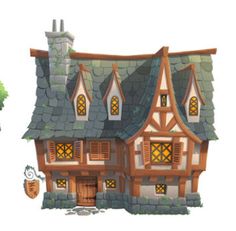 a cartoon house with two windows and a clock on the front, sitting next to a tree