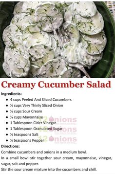 the recipe for creamy cucumber salad is shown