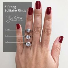 a woman's hand with three engagement rings on it and the measurements for each ring