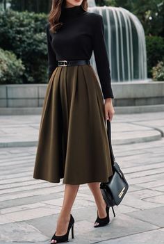 Skirt And Dress Work Outfits, Midi Dress Long Sleeve Classy, Midi Skirt Dress, Winter Work Outfits For Women Dress, Long Sleeve Top And Skirt Outfit, Business Casual Dresses For Women Classy, Winter Fashion Elegant, Old Money Dresses Women Elegant, Working Woman Outfit Classy