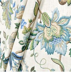 an image of fabric with flowers and leaves on it in blue, green, yellow and white colors