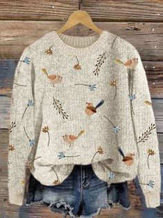 Affordable price buy Sweaters on Lilicloth.com, SPU: 1W6RSWAI297A, Color: As Picture, Material:Knitted, Style:Casual. Bird Sweater, Floral Embroidery Patterns, Embroidered Bird, Cozy Knit Sweater, Round Neck Shirt, Friend Gifts, Print Sweater, Women Sweater, Lovely Clothes