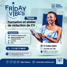 the flyer for friday vibes with a woman holding a piece of paper in her hand