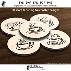 six coasters with coffee designs on them sitting on top of a wooden table next to each other