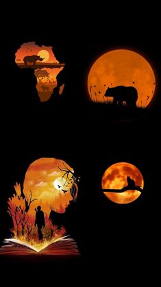 the silhouettes of animals are shown in front of an orange moon and black background