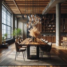 a large wooden table surrounded by chairs in a room with high ceilings and lots of windows