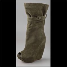 Brand New Report Wedge Shoes . Report Signature Green Pearsall Suede Wedge Boot ,Open-Toe Suede Wedge Booties Feature A D-Ring Strap At The Slouchy Shaft. Hidden Platform And Hidden Wedge Heel. Leather Sole. Color: Olive Hidden Wedge Boots, Shoes Game, Suede Wedges, Shoes Brand, Wedge Boots, Womens Shoes Wedges, Shoe Game, D Ring, Shoes Wedges