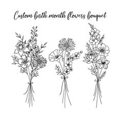 three flower bouquets with the words custom birth month florist on them in black and white