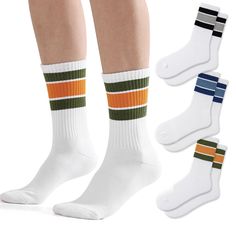 PRICES MAY VARY. 【Cushioned Striped Crew Socks】-Revive the retro vibe with our 70's inspired Retro Striped Crew socks. Cushioned footbed designed for comfort, these cushioned socks will keep your feet cozy as you dance to the rhythm of funky fashion. 【Cotton Sporty Socks Pack】-This retro crew length socks are crafted from cotton-acrylic blend for 63% cotton, 32%polyester, 5% elastic.Retro ribbed cotton socks are soft cotton blend, ribbed texture, flat knit toe seam and heel.With padded sole cush Sporty Everyday Cotton Socks, White Cotton Retro Socks, Multicolor Breathable Sporty Socks, Sporty Multicolor Cotton Socks, Retro Striped Cotton Socks, Sock Packs, Striped Cushions, Tube Socks, Calf Socks